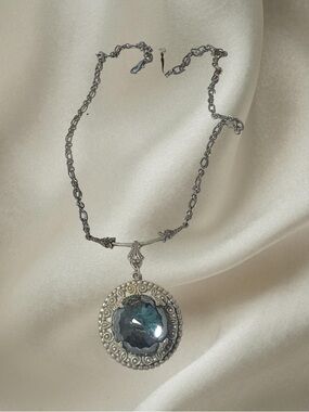 Vintage Silver Tone Necklace with Lg.Steel Blue Rhinestone Slide Pendant 18”
